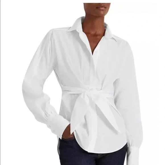 Lauren Ralph Lauren Cotton Puffed Long Sleeves Button Down Self-Tie Front Shirt - Picture 15 of 15